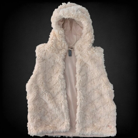 Sweaty Betty Faux Fur Hooded Vest Large Sleeveless Hoodie Cream Cozy Winter EUC - Picture 2 of 13